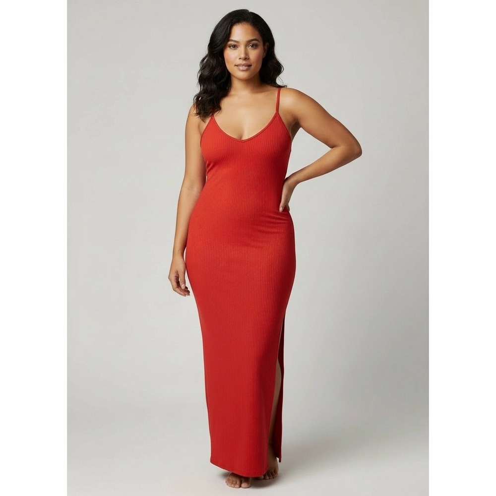 Maxi Dress Red Ribbed Spaghetti Strap Side‎ Slit Size L